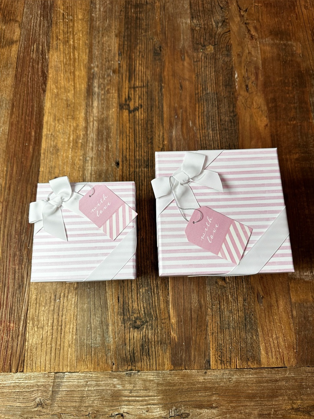 Striped Pink Gift Boxes with Ribbon - Set of 2